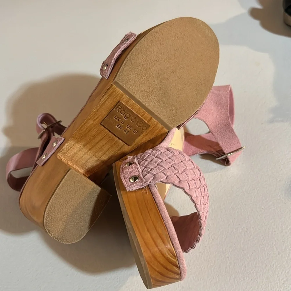 Rag & Co APRIL Light Pink Wooden Clogs In Suede Weave. Size 10 - Picture 9 of 11